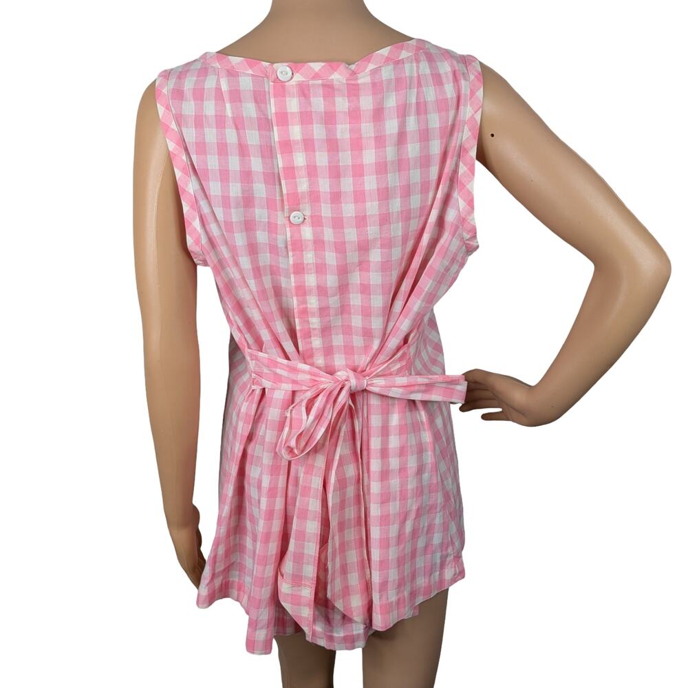 VTG 60s Handmade Gingham Apron Pink White Floral Applique Cottagecore Prairie - Picture 6 of 6
